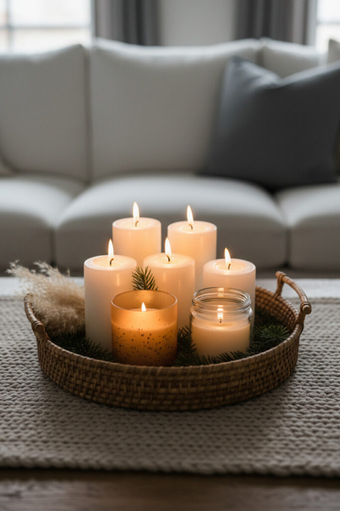 Close-up of rattan tray with clustered pillar candles, pine sprigs, and pampas on a knit runner—moody glow for cozy Christmas coffee table ideas.