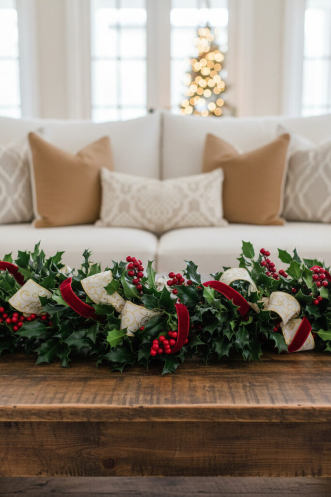 Deep holly garland with red and cream ribbons across a dark table; airy daylight and soft tree bokeh—classic Christmas Coffee Table Decorations.