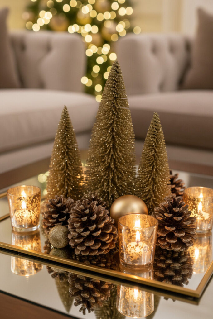 Gold-glittered pinecones and bottlebrush trees on a mirrored tray with lit votives—champagne sparkle for elegant Christmas coffee table styling.