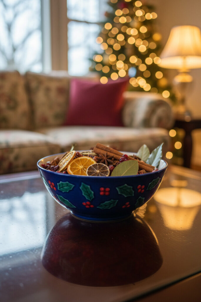 Cobalt bowl of citrus, cranberries, cinnamon, and star anise on mahogany; cozy sofa and tree blur—scent-rich vignette.
