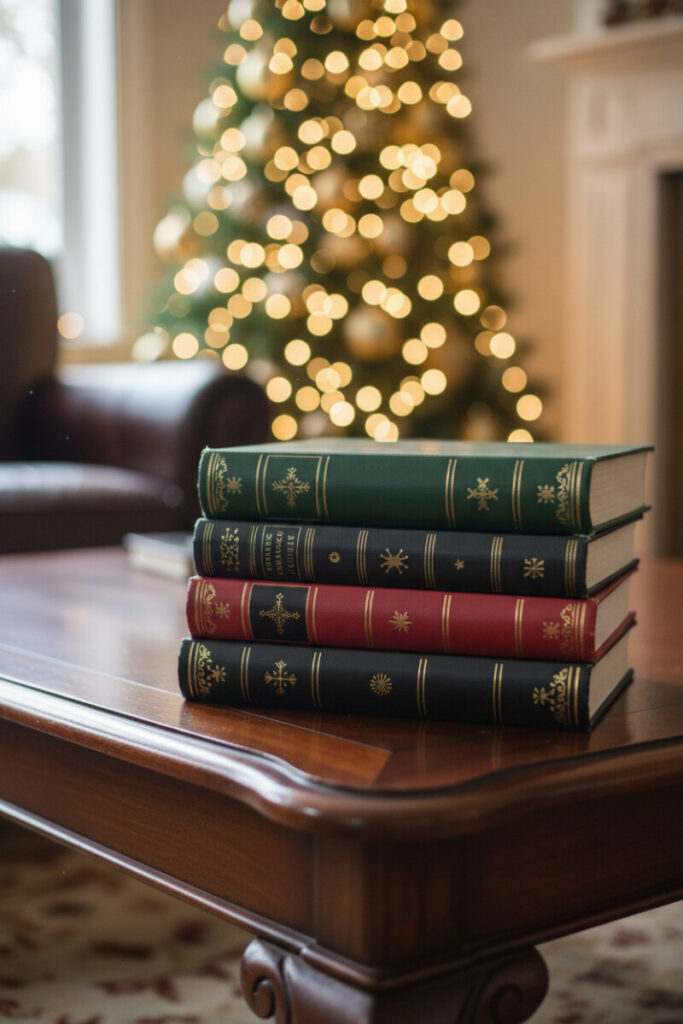 Stack of vintage green and red books on polished table, golden tree bokeh—literary accent for festive living room ideas.