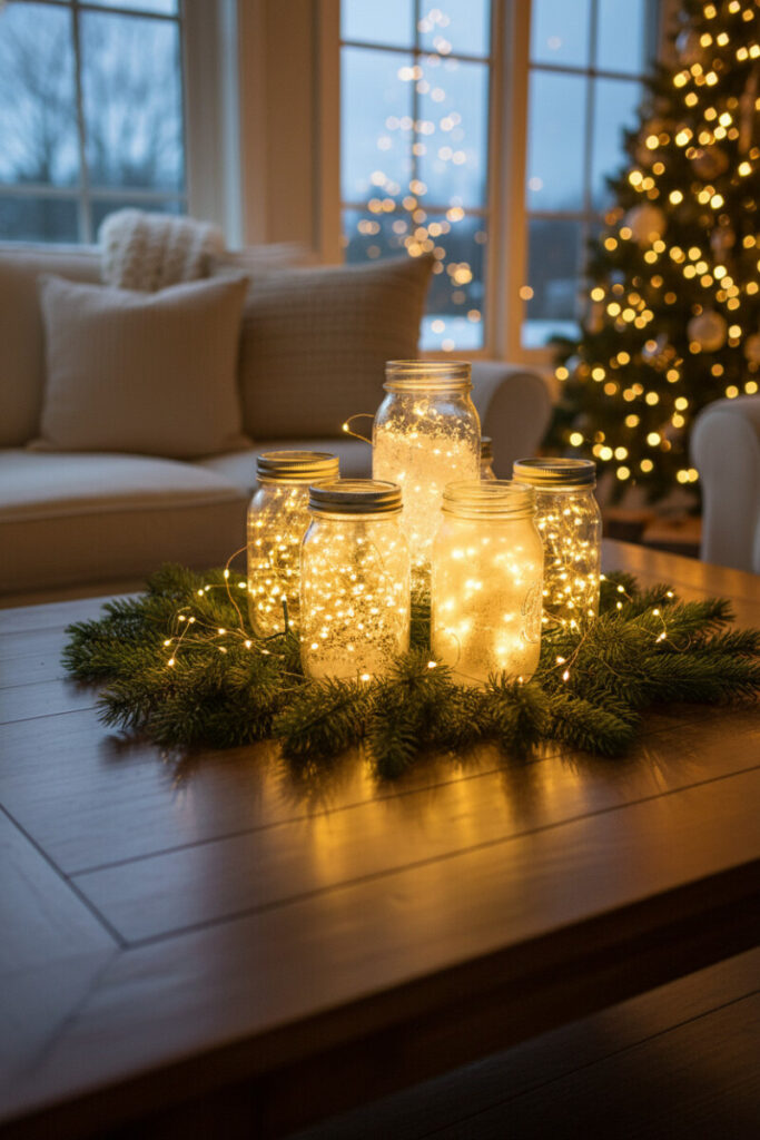 Mason jars packed with warm fairy lights nestled in evergreens on walnut table—glowing hub for cozy Christmas coffee table ideas.