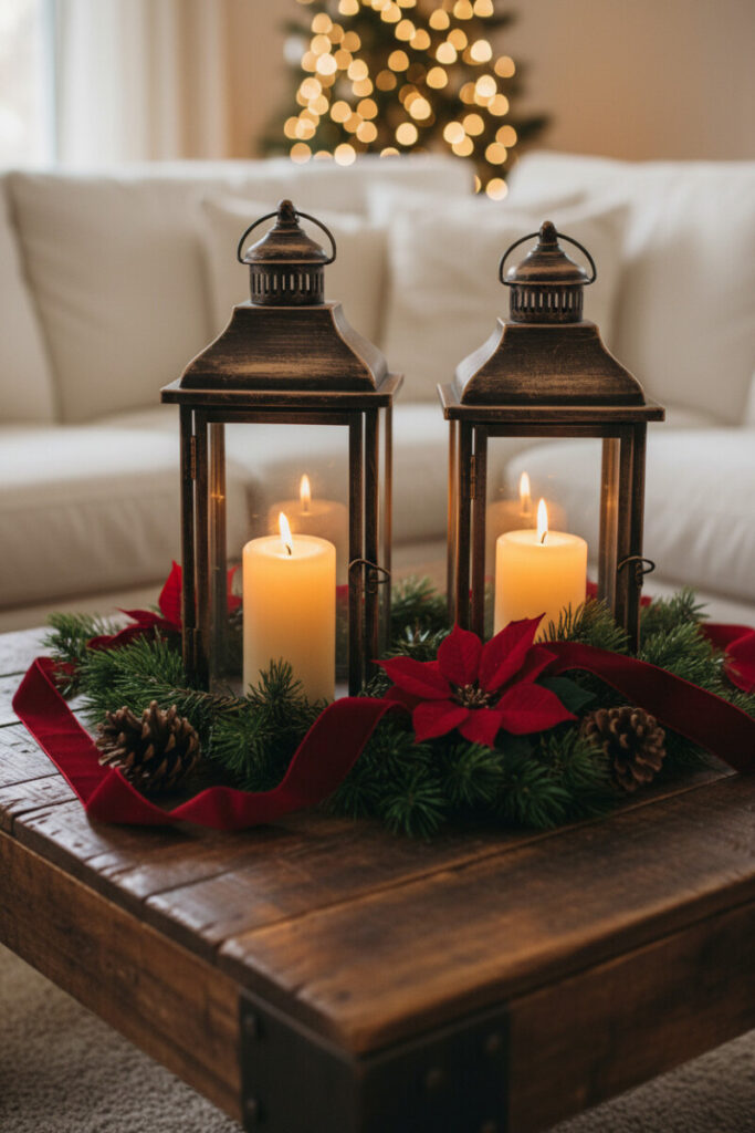 Pair of weathered bronze lanterns with ivory pillars surrounded by greenery and velvet ribbon—warm, traditional holiday coffee table decor.