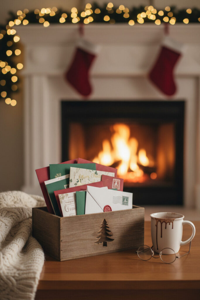 Rustic wooden letterbox brimming with Christmas cards beside cocoa mug and glasses; fireplace bokeh—nostalgic scene for festive living room ideas.