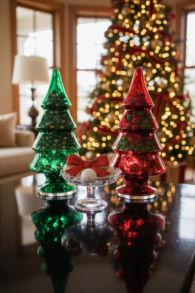 Emerald and ruby tiered candy trees with truffles on a glossy black table, twinkling bokeh—playful holiday coffee table decor.