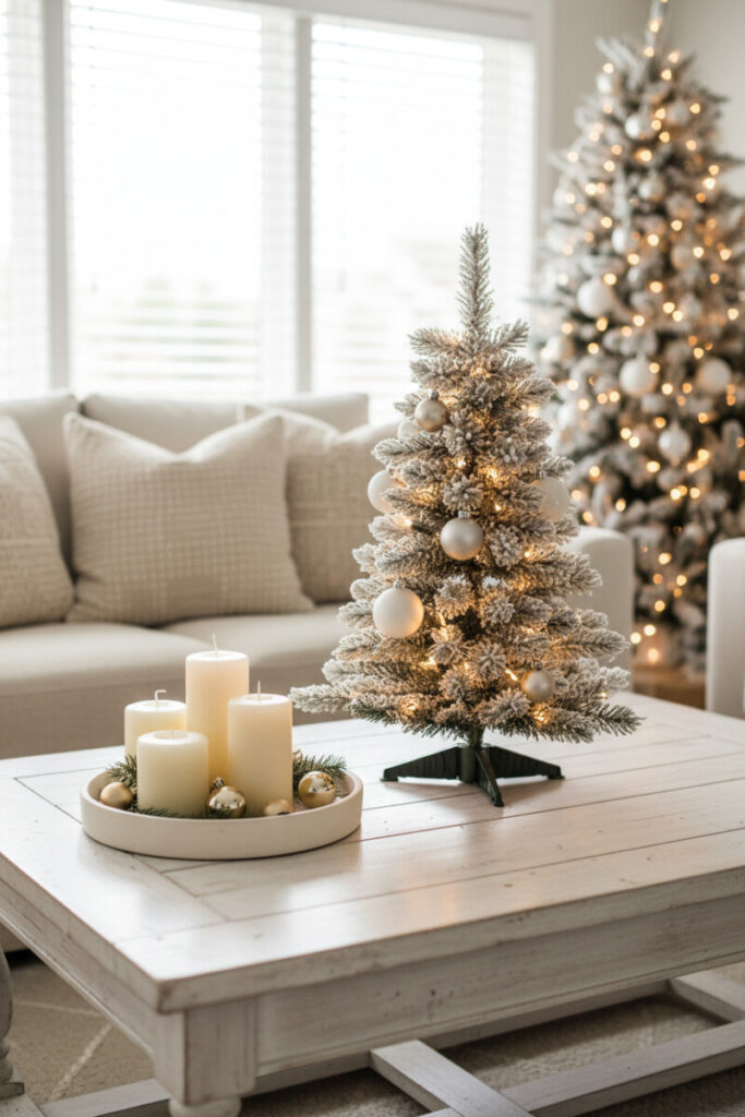 Heavily flocked 18-inch mini tree with matte white and champagne baubles centered on a whitewashed table; ceramic tray with ivory candles to the side; bright high-key room—elegant Christmas coffee table styling.