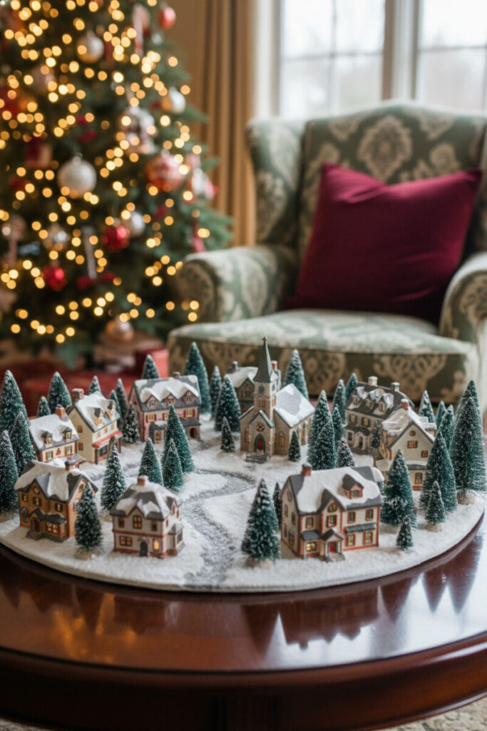 Ceramic miniature village glowing on a round mahogany table; frosted pines soften edges—beloved Christmas Coffee Table Decorations.
