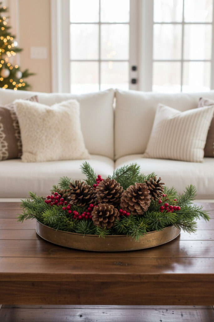 Bronze tray piled with large pinecones, spruce and juniper boughs, and red berries on a walnut table—nature-first cozy Christmas coffee table ideas.