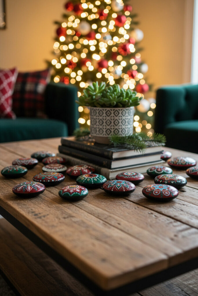 Hand-painted pebble art in festive colors on distressed plank table with succulent and pine—playful craft vignette.