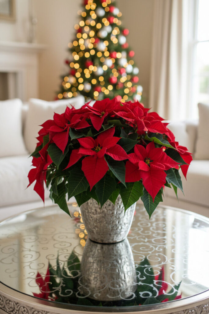 Blooming red poinsettia in distressed silver pot centered on a glossy round table; tree bokeh—classic festive living room ideas.