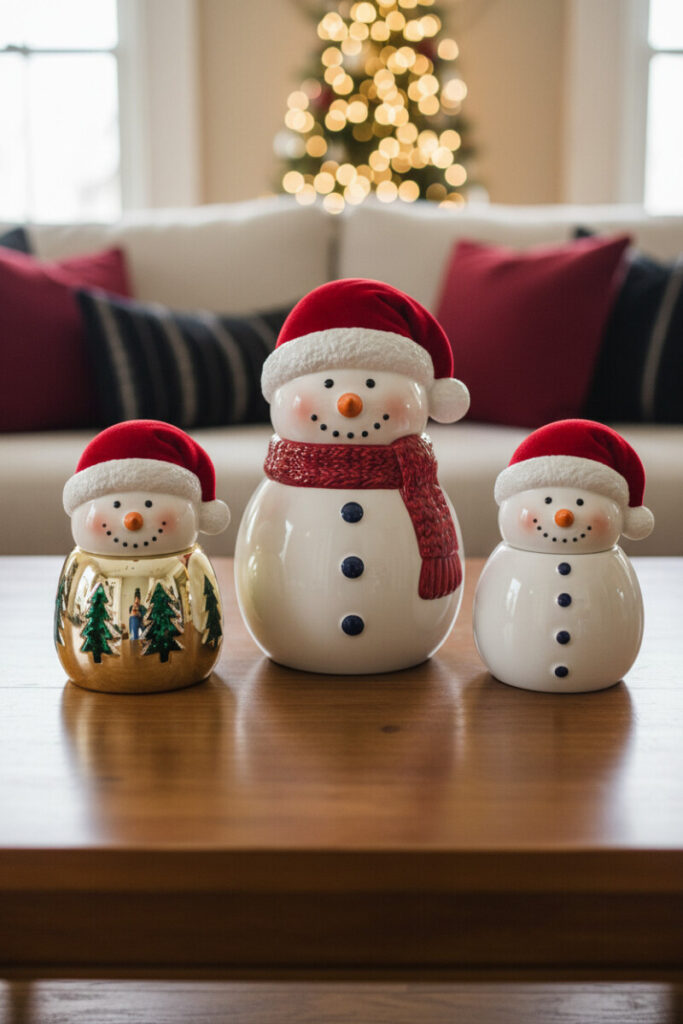 Trio of glossy ceramic snowman cookie jars with velvet hats and knit scarves on polished wood—family-friendly holiday coffee table decor.