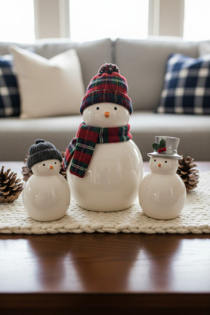 White ceramic snowman trio with tartan accents on a chunky knit runner and pinecones—warm, homespun cozy Christmas coffee table ideas.