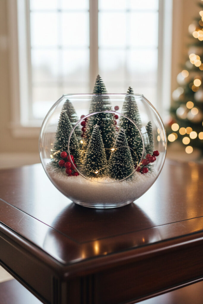 Spherical glass terrarium of snowy bottlebrush pines and berries on mahogany, fairy lights gently glowing—mini winter forest.