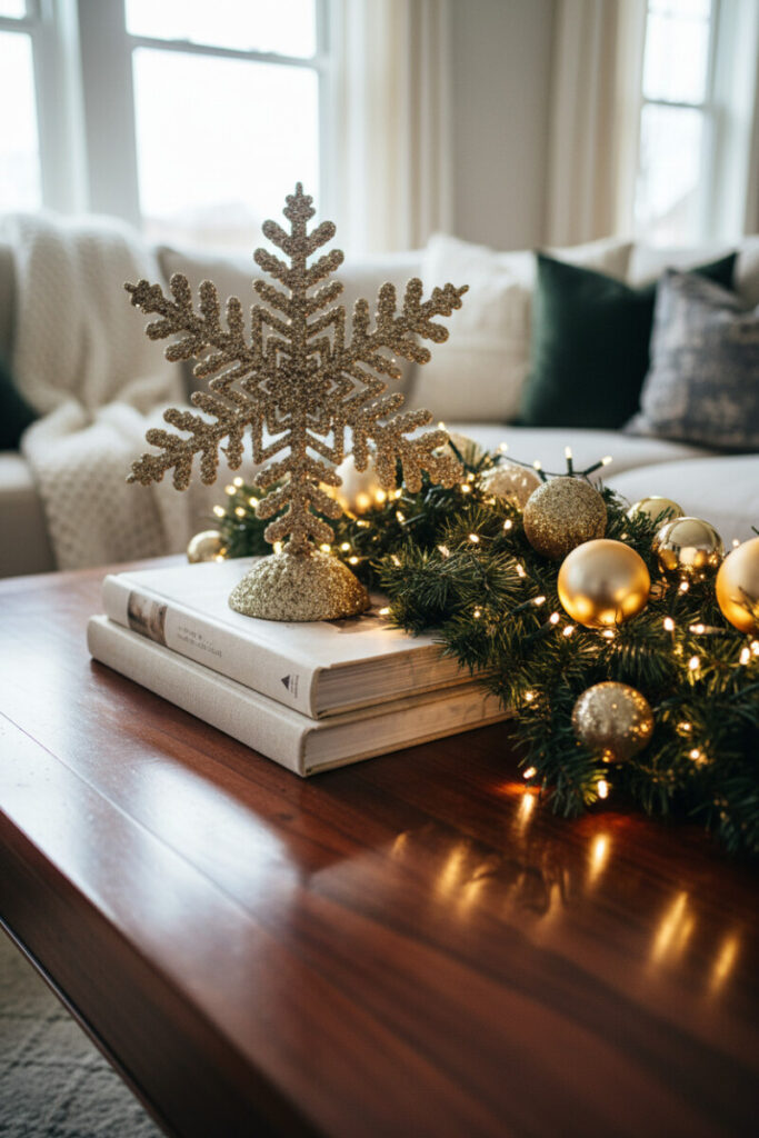 Glittered champagne snowflake atop stacked neutral books with lit pine garland and gold ornaments—glam elegant Christmas coffee table styling.