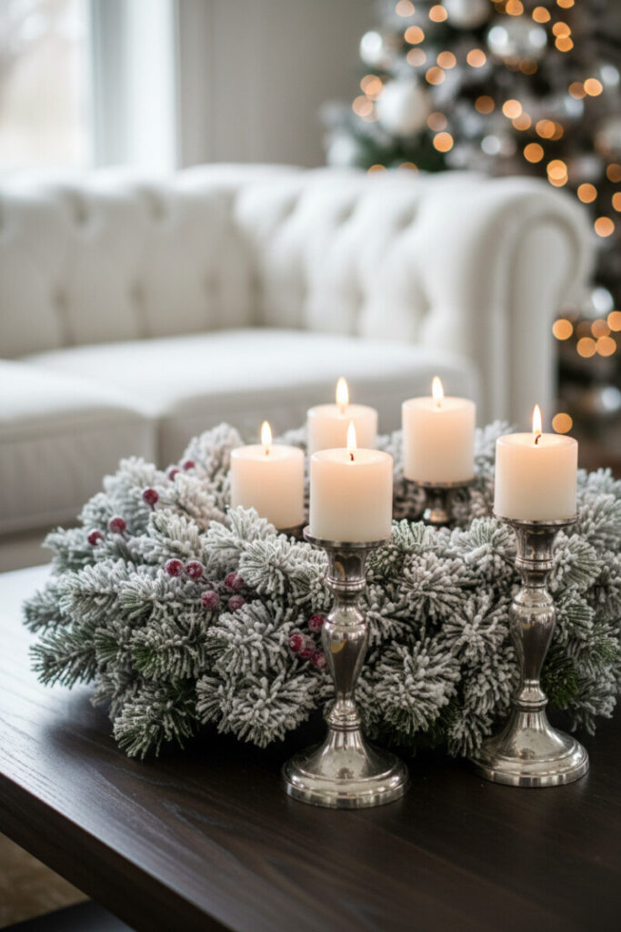 Heavily flocked wreath with creamy pillar candles on tarnished silver holders against dark wood—serene Christmas Coffee Table Decorations.