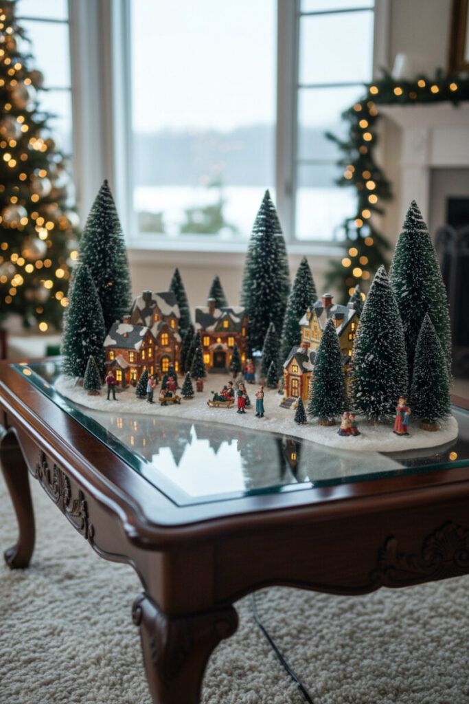 Carved mahogany table with glass top displaying a glowing miniature village and dense flocked pines—tiny enchantment for festive living room ideas.