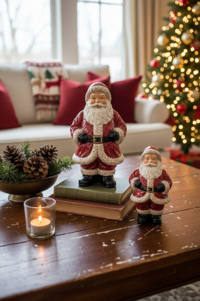 Three vintage ceramic Santas arranged on distressed mahogany with books, pinecones, and a votive—nostalgic Christmas Coffee Table Decorations.