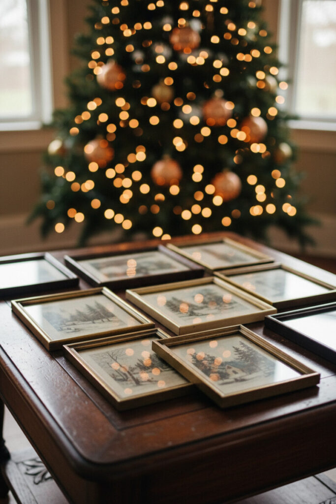 Overlapped vintage framed winter prints on a richly varnished antique table; tall glowing tree behind—quiet, collected holiday coffee table decor.
