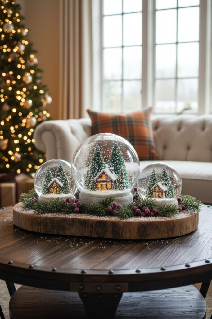 Trio of sparkling snow globes on a rustic wooden tray with faux snow, pine, and frosted cranberries—storybook cozy Christmas coffee table ideas.
