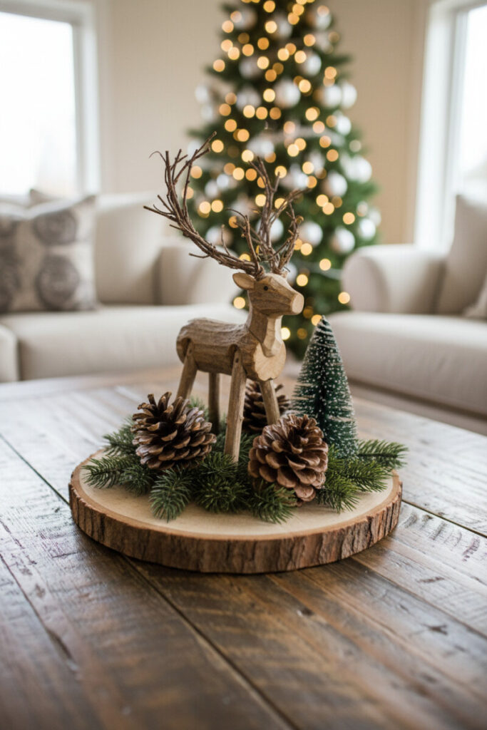 Wooden reindeer on a live-edge slice with pine sprigs, three pinecones, and a bottlebrush tree—woodland charm for holiday coffee table decor.