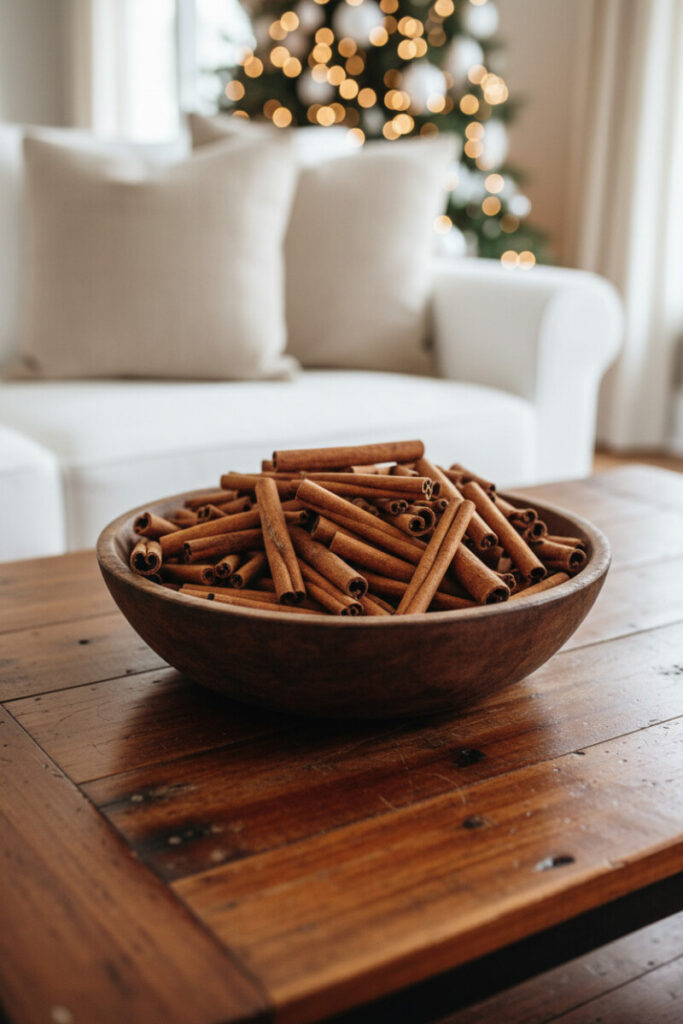 Dark wooden bowl overflowing with curled cinnamon sticks on a reclaimed table; soft bokeh sofa and tree behind.
