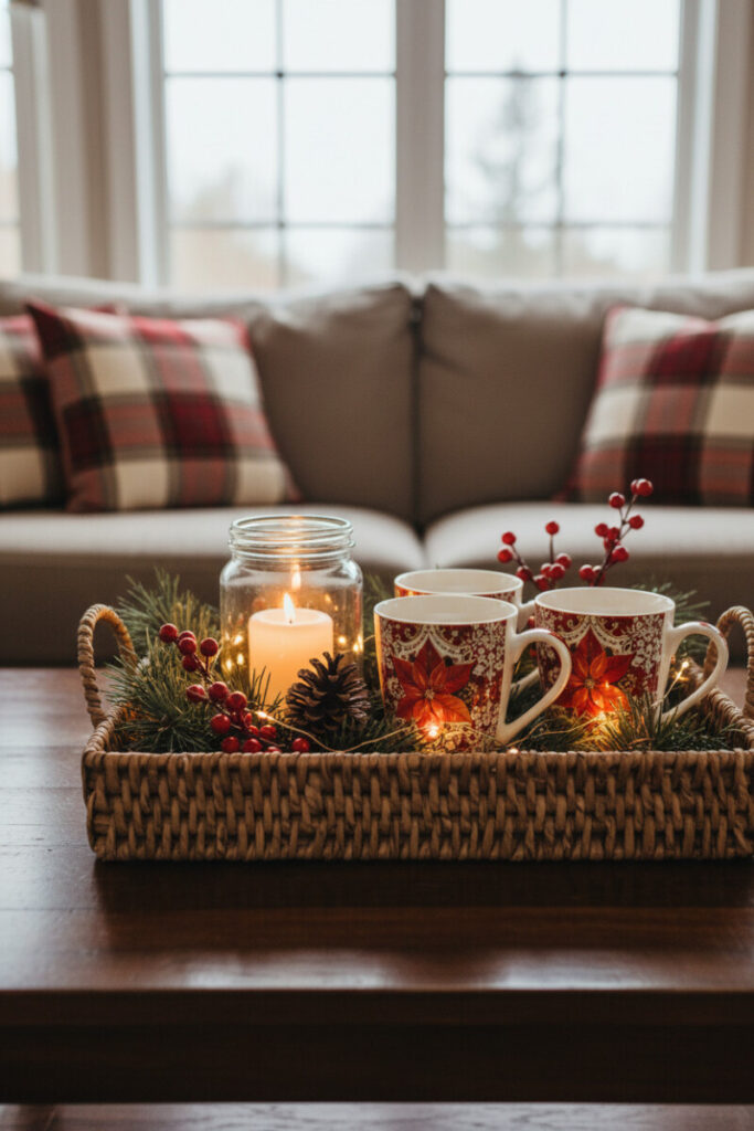 Rattan tray with pine, holly berries, mugs, and a candle lantern—inviting Cocoa Corner for cozy Christmas coffee table ideas.