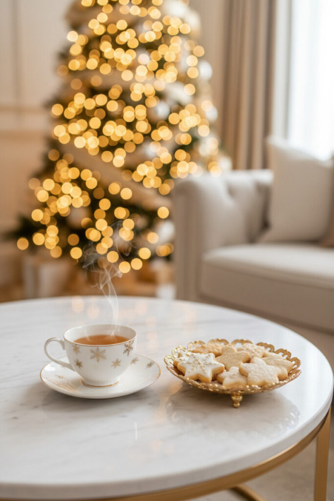 White marble table with gold-dotted teacup and footed tray of iced cookies; champagne-lit tree softly blurred—elegant Christmas coffee table styling.