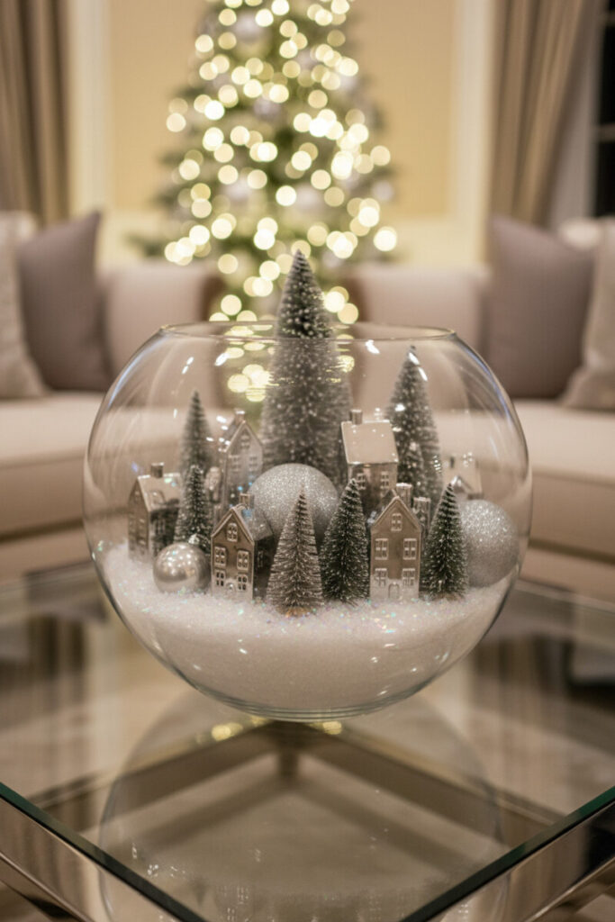 Clear globe terrarium of silver houses and frosted trees on a glass table; warm bokeh lights—crystal winter vignette.