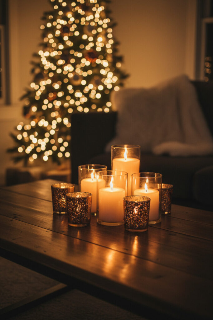 Cluster of pillar and mercury-glass votives glowing on a rustic table; tree lights blooming—elegant Christmas coffee table styling.