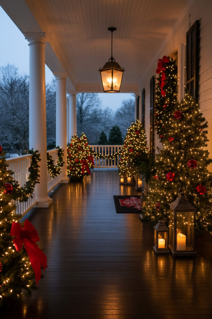 Battery-lit evergreen garlands and topiary trees glowing warmly on a Southern Colonial porch at twilight, perfect Christmas Front Porch Decorations.