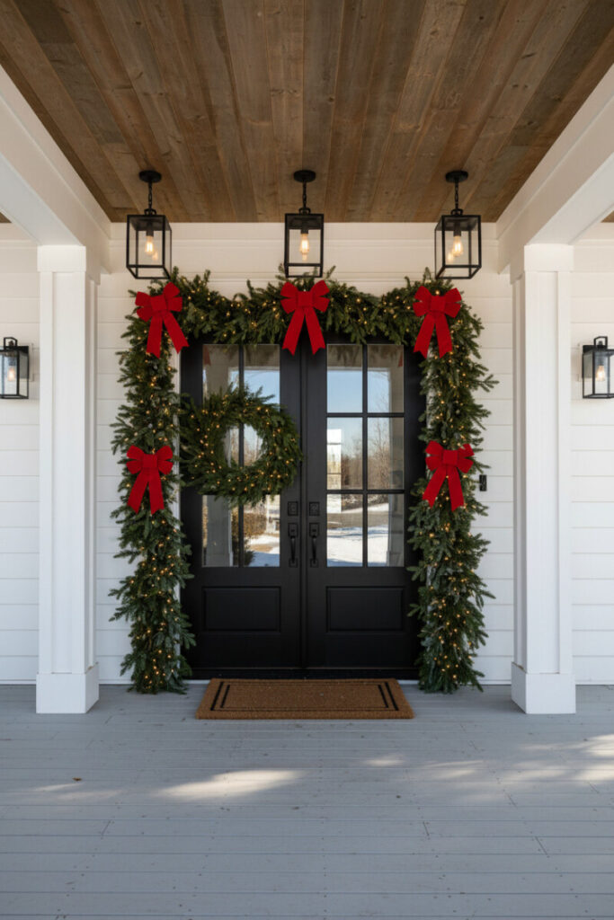 Doorway framed by thick evergreen garland with red bows and warm lights, elegant Christmas Front Porch Decorations.