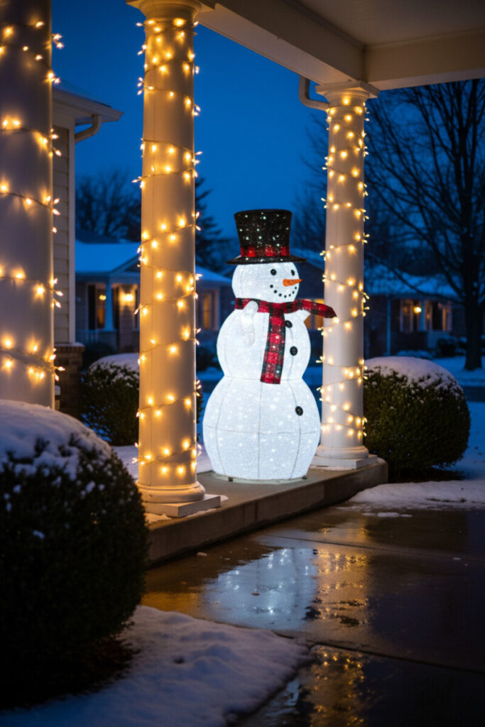 Twinkling fairy-lit columns framing a glowing snowman on the porch, bright holiday porch decor.