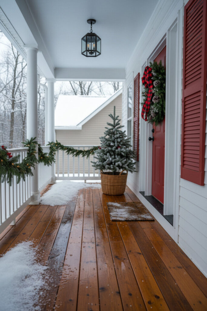 Faux snow on wooden decking and red tartan bows on a front door, festive outdoor Christmas entryway.