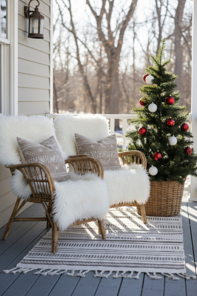 Faux-fur throws on wicker chairs with small Christmas tree, cozy small porch Christmas decorating ideas.
