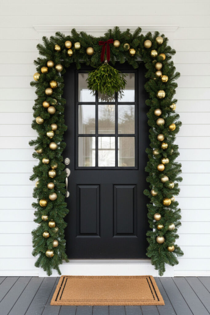 Black paneled door with mistletoe and gold-trimmed garland, refined Christmas Front Porch Decorations.