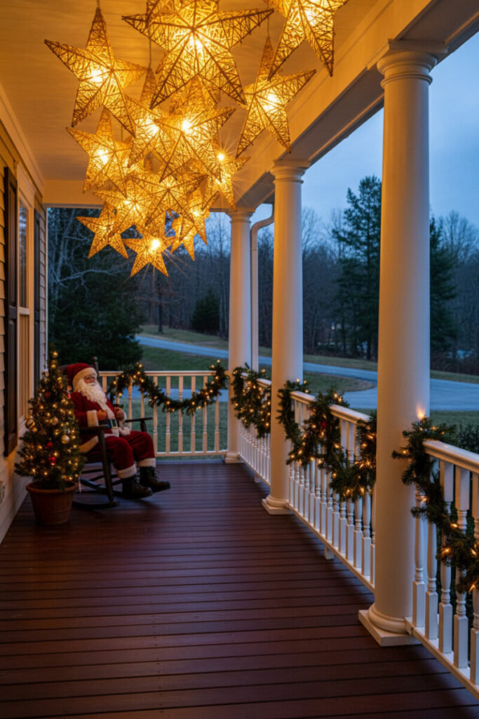 Hanging light-up rattan stars casting warm glow across porch, magical outdoor Christmas entryway.