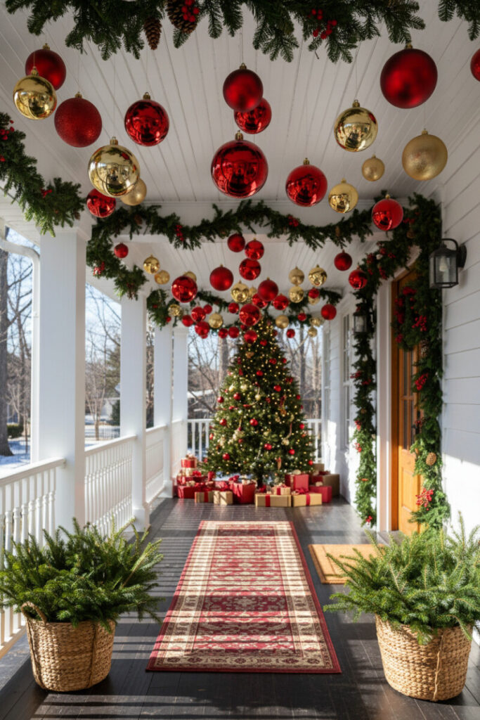Ceiling hung with red and gold ornaments over a vintage rug and tree, festive Christmas Front Porch Decorations.