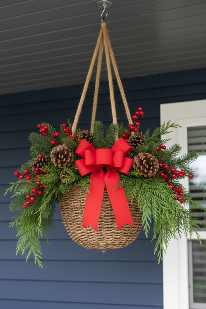 Hanging winter basket filled with evergreens, pinecones, and berries, classic holiday porch decor.