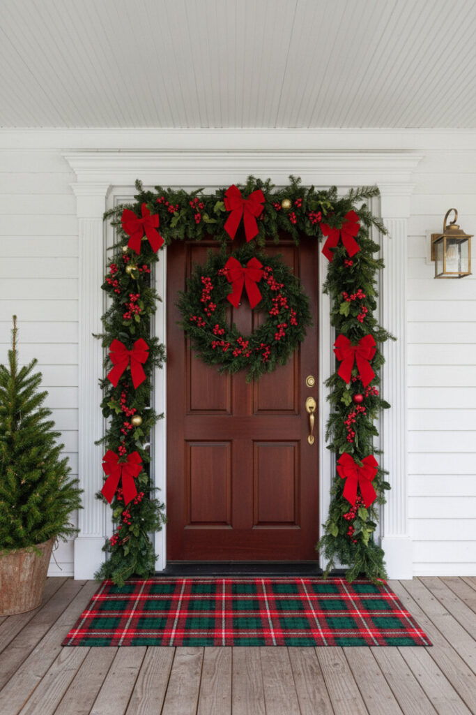 Long tartan holiday doormat framed by holly garland and mini tree, timeless outdoor Christmas entryway.