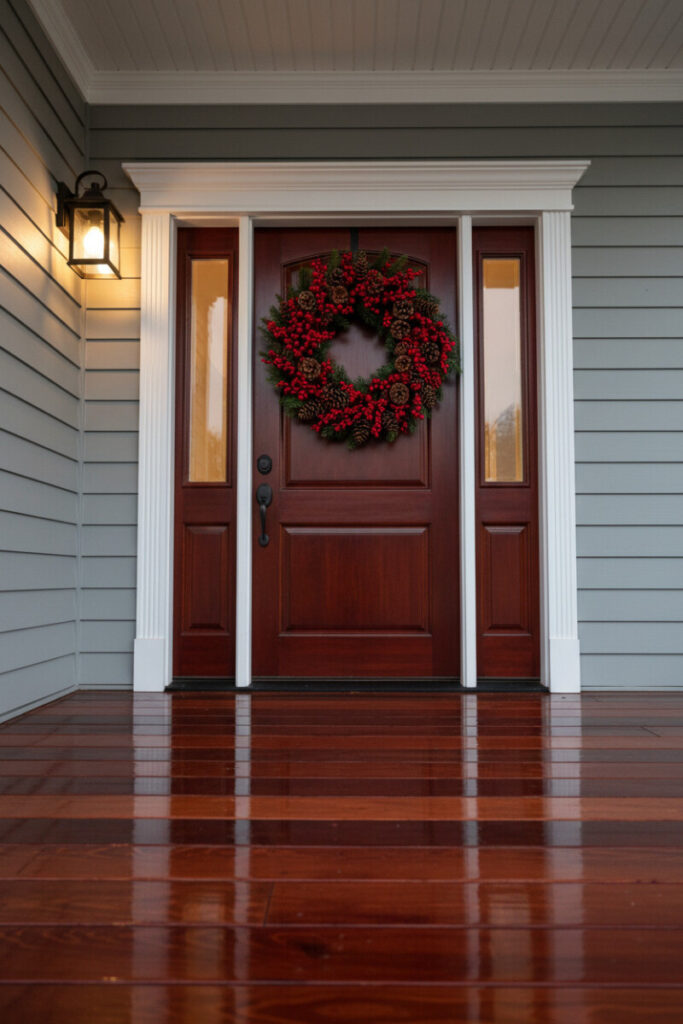 Close-up of a lush berry and pinecone wreath on a wooden door, classic holiday porch decor idea.