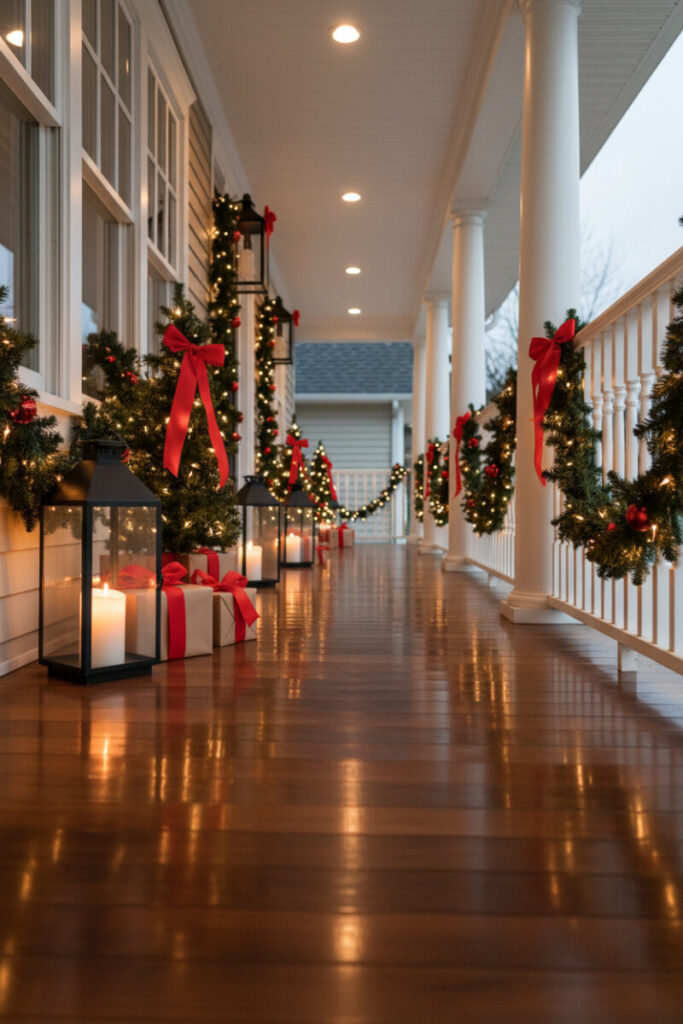 Floor lanterns wrapped in evergreen garland and ribbon glowing on a deck, stylish Christmas Front Porch Decorations.
