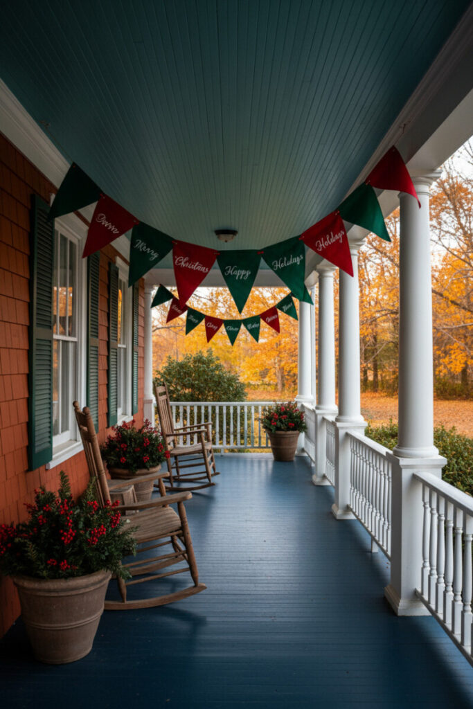Red and green holiday bunting across ceiling with rocking chairs and planters, playful small porch Christmas decorating ideas.
