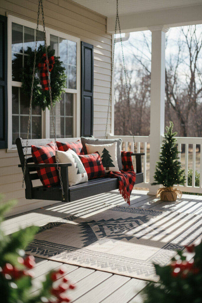Plaid pillows and throws on porch bench beside mini tree, cozy budget-friendly Christmas front porch ideas.