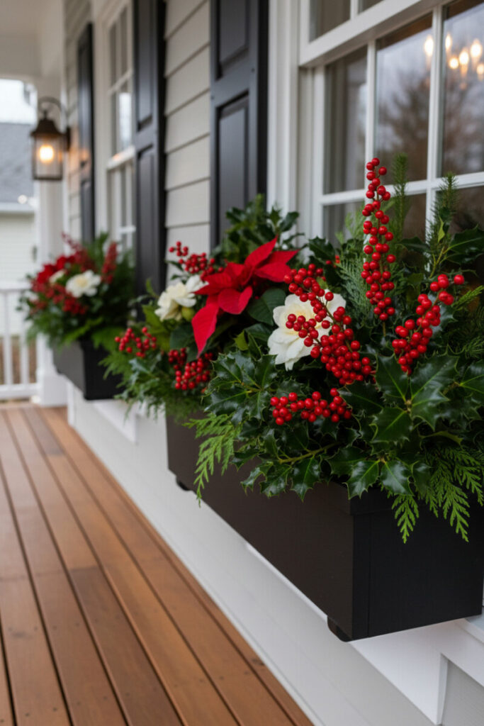 Holly and berry window boxes under white-trimmed windows, elegant outdoor Christmas entryway.