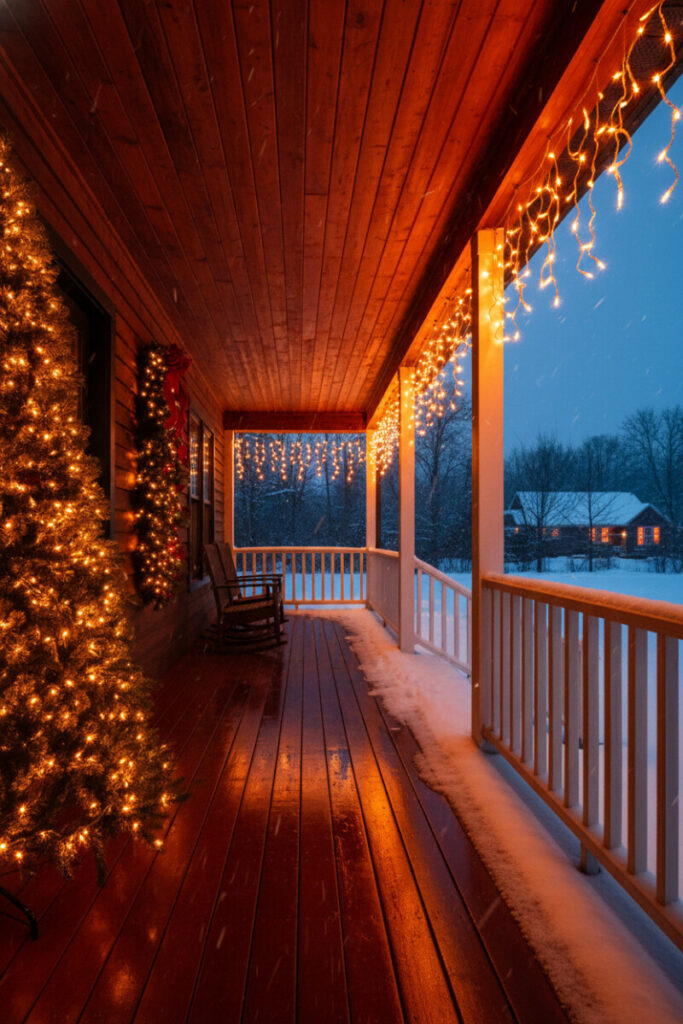 Warm golden icicle roof lights glowing over snow-dusted railing, inviting holiday porch decor.