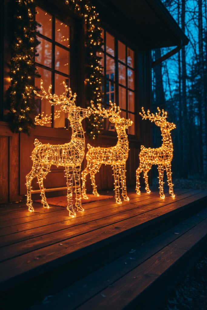 Illuminated wire reindeer figures on porch steps at dusk, enchanting outdoor Christmas entryway.