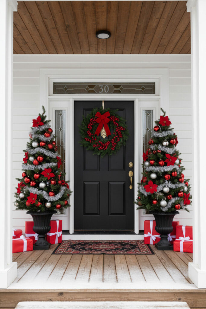 Matching mini potted trees in urns with ornaments flanking a black door, simple small porch Christmas decorating ideas.