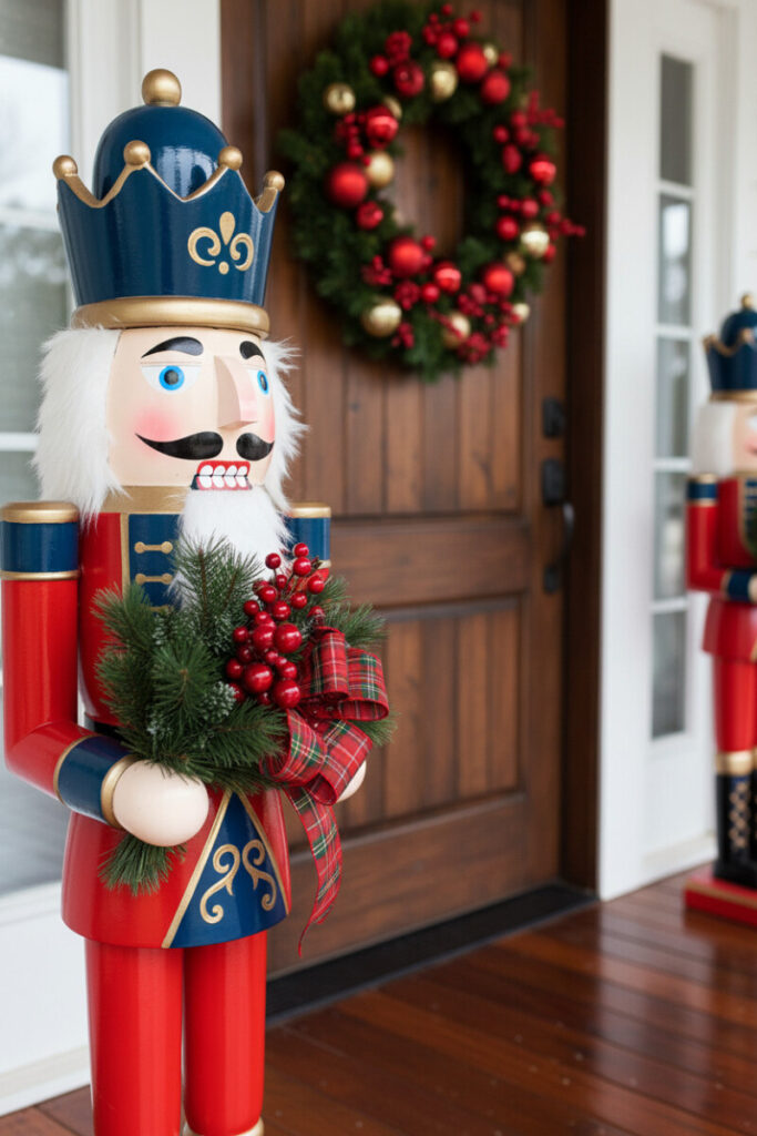 Pair of traditional nutcracker guards at decorated doorway, bold Christmas Front Porch Decorations.