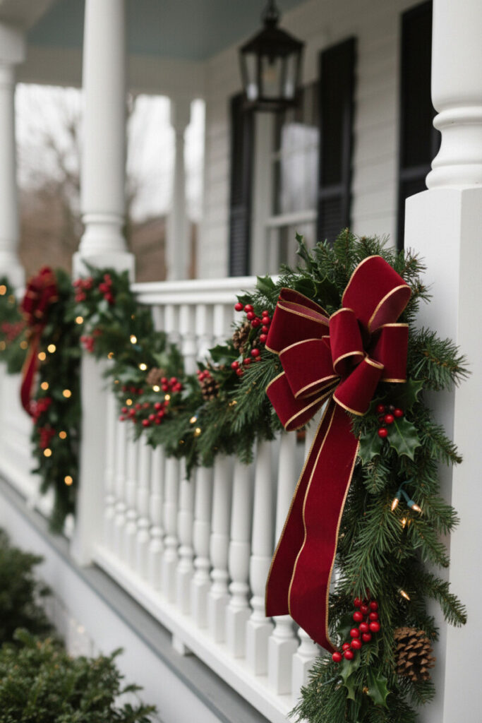Pine garland draped along railing with red velvet ribbons, classic holiday porch decor.