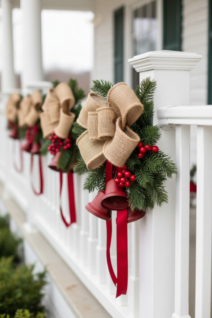Burlap bows with red satin ribbons and rustic metal bells on white railing, ideal for budget-friendly Christmas front porch ideas.